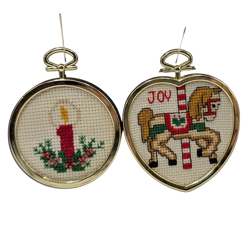 Vintage Counted Cross Stitch Ornament Completed Carousel Horse Candle Set of Two